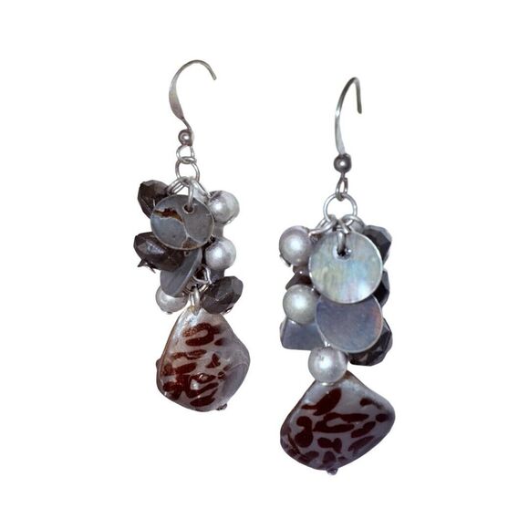 Vintage Cheetah Print Glass Cluster Dangle Earrings 2.5" Pearl Shell - Picture 3 of 9